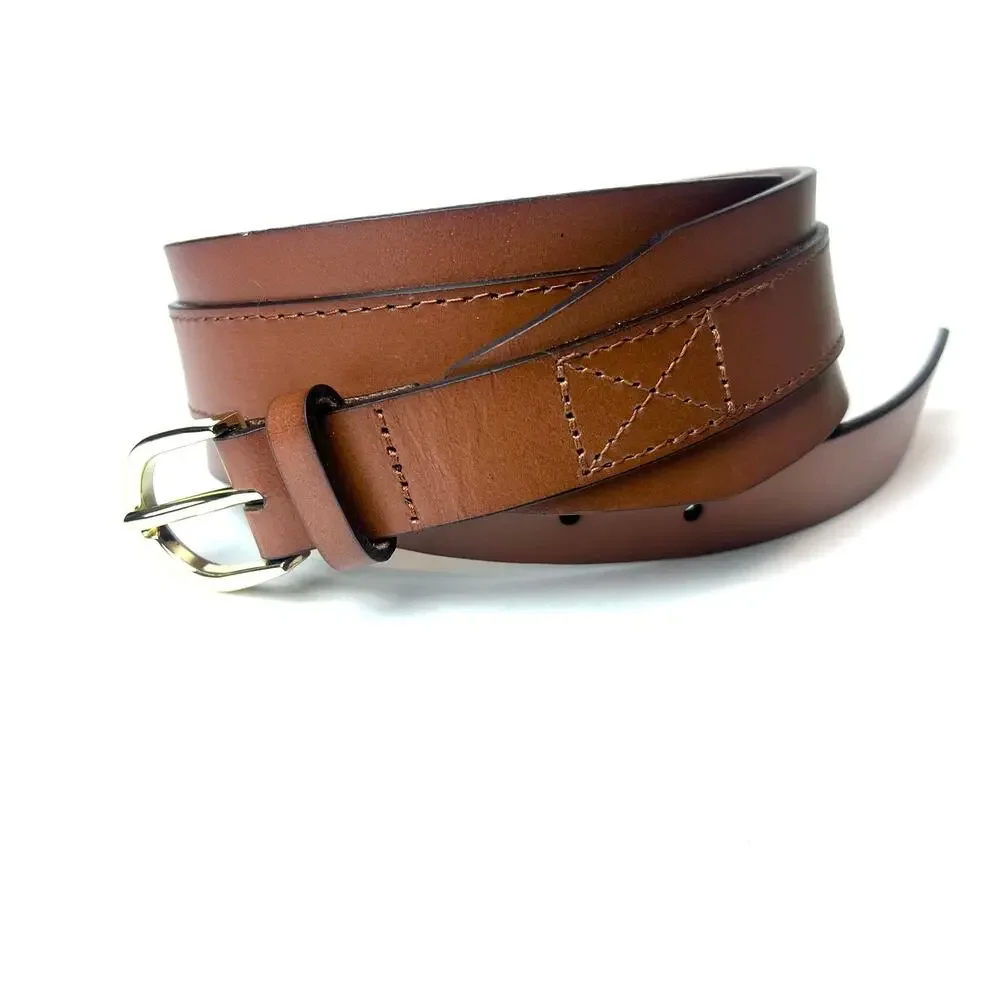 J. Crew Brown Leather Wide Waist Belt Gold Tone Buckle Size M/L